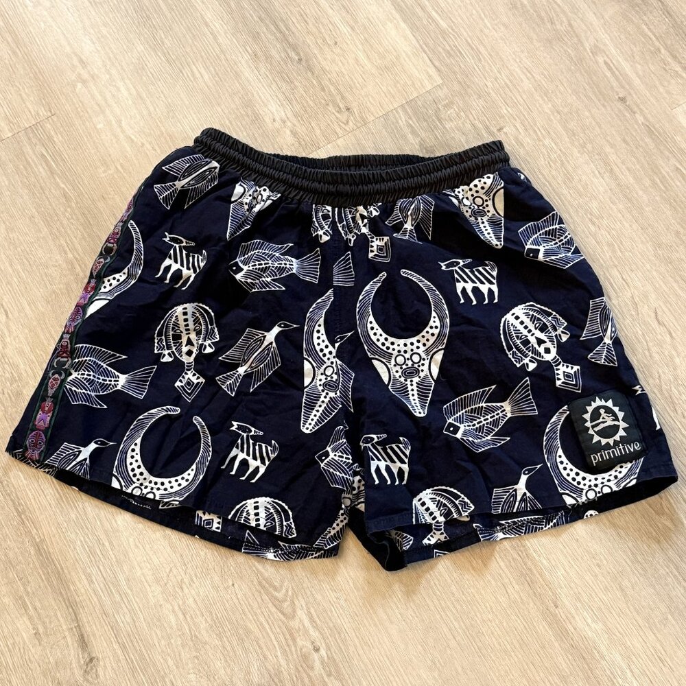 Vintage Primitive Prints Mens Medium Shorts 90s Hermosa Beach Black White Tribal